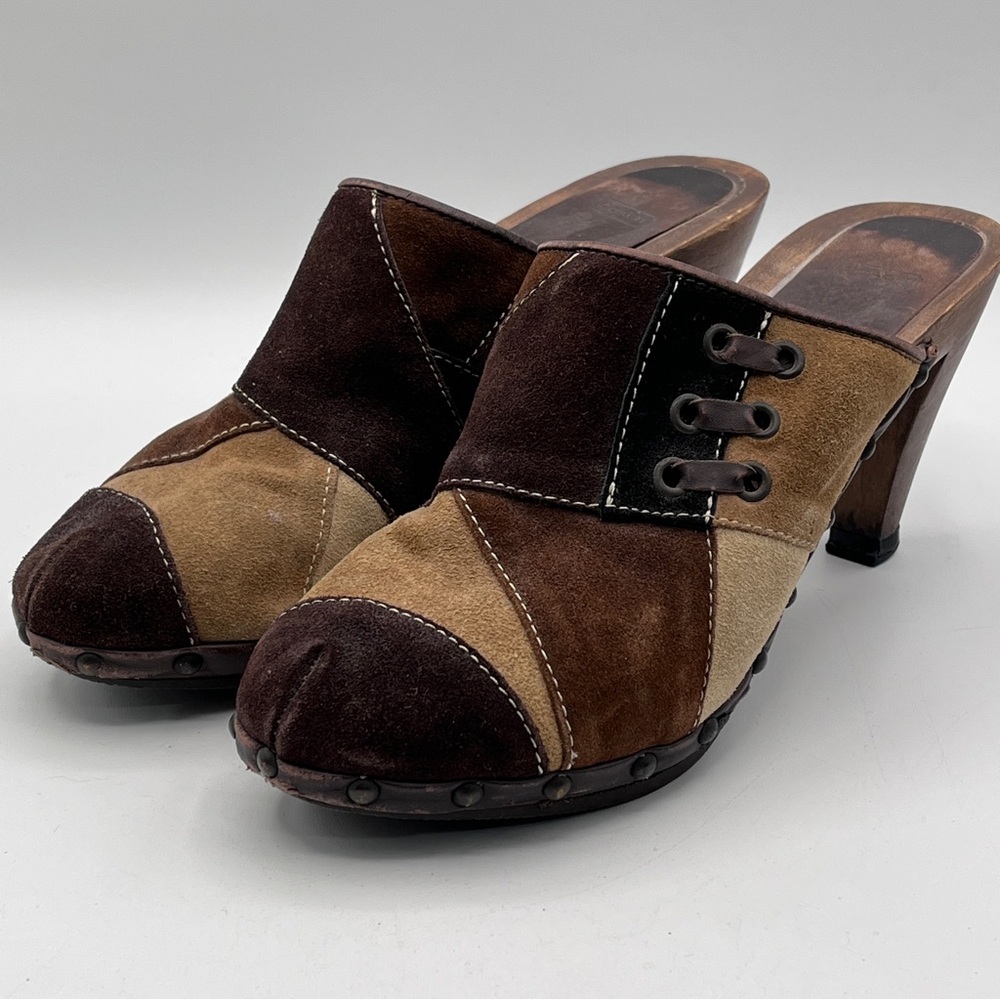VTG Coach Fallon Brown Patchwork Leather Suede Wood Heel Clogs 8 Italy